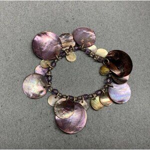 Shell Dangle Stretch Bracelet 7 In Iridescent Purple Silver Round Beads Beach